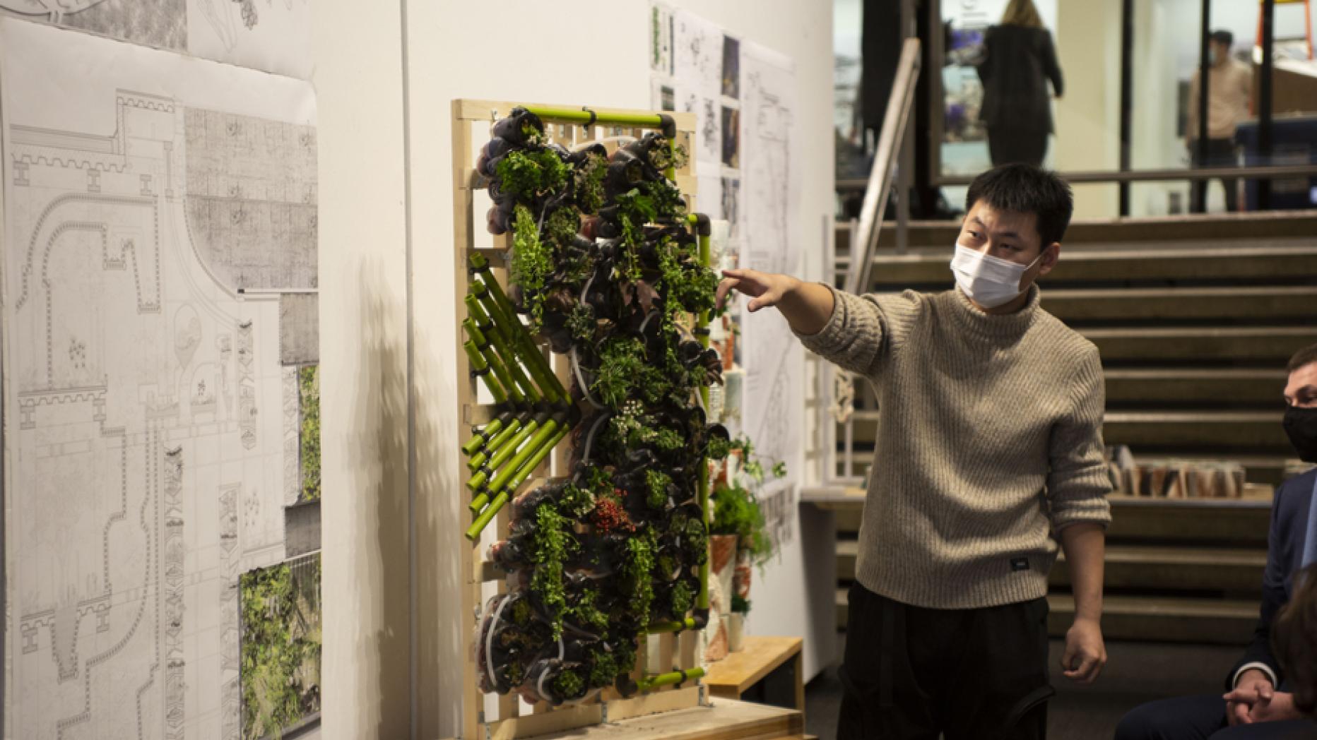 A young man gestures toward a drawing on the wall next to framed plant array
